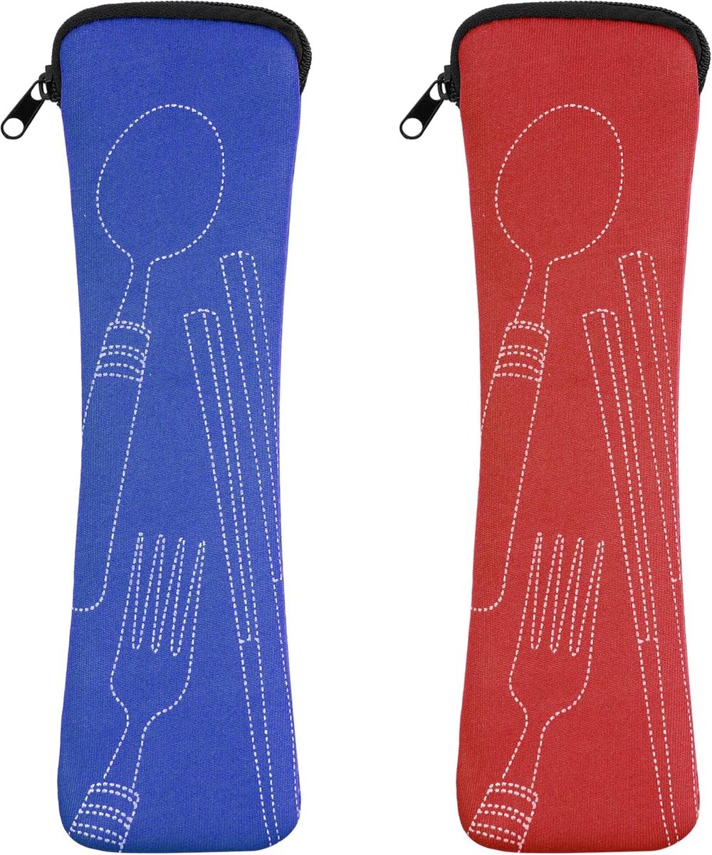 2 stuks bestekzakken voor onderweg, draagbare neopreen bestekzakken, leeg met ritssluiting, wasbaar, kantoor, school, reizen, camping, picknick, bestek, to-go, tassen, 20 x 6 cm (rood