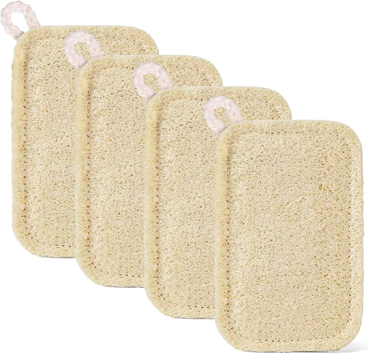 luffa-spons, 4 stuks, milieuvriendelijk, voor de keuken, natuurlijke vuist met koord voor potten, pannen, gereedschap en werkbladen, 11 x 7 cm