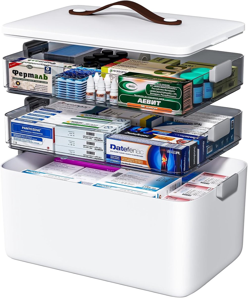 3-laagse medicijnopslag, medicijnopslagdoos met hoge capaciteit (34 x 22 x 25,5 cm) – met handgreep en verwijderbare vakken, geschikt voor familie, kantoor, school en reizen
