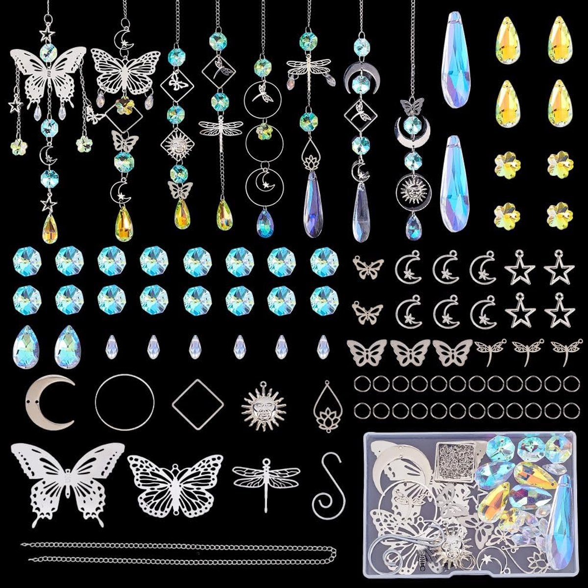 1 Doos DIY 8 Sets Suncatcher DIY Kit Vlinder Zon Catchers Kristal Vlinder Libelle Lotus Bloemen Maan Ster Regenboog Makers Kit met Kettingen Haken voor Tuin Ramen Indoor Outdoor Decors
