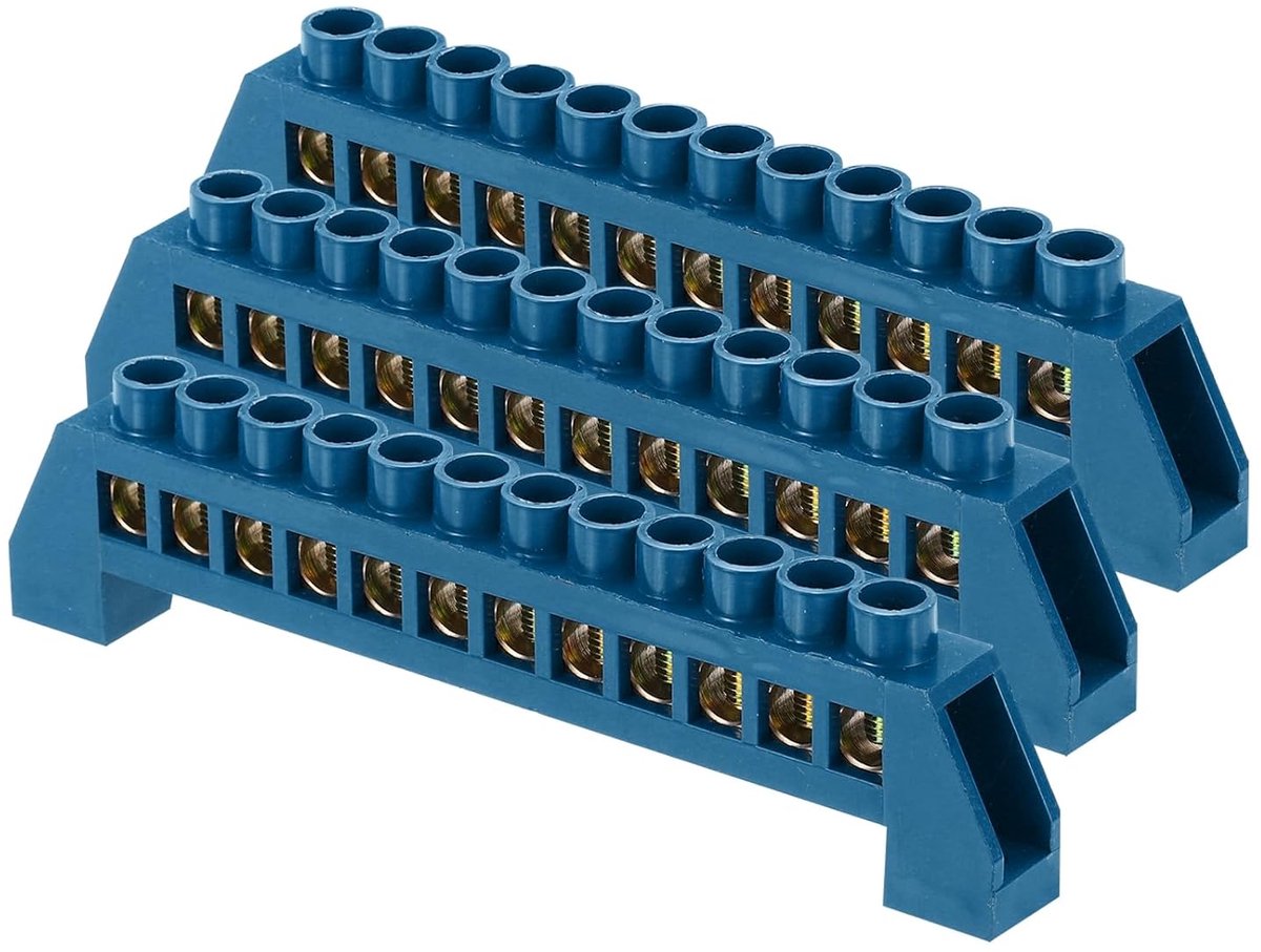 Aardingsrail, 3 stuks, 12-polige schroefklem, messing rail, 8 x 16 mm, aardingsklem voor elektrische apparaten, verdeelkast, blauw