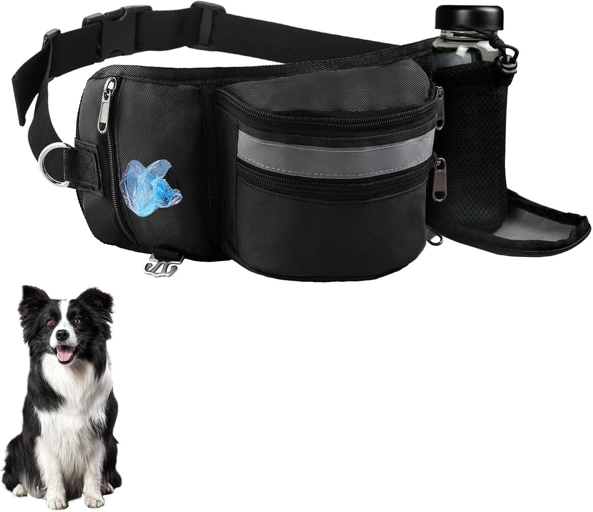 3-in-1 voederzak voor hond, reflecterende strepen, lekkernijstas voor honden met verstelbare heupriem, voederzak hondentraining met dubbele tas (zwart)