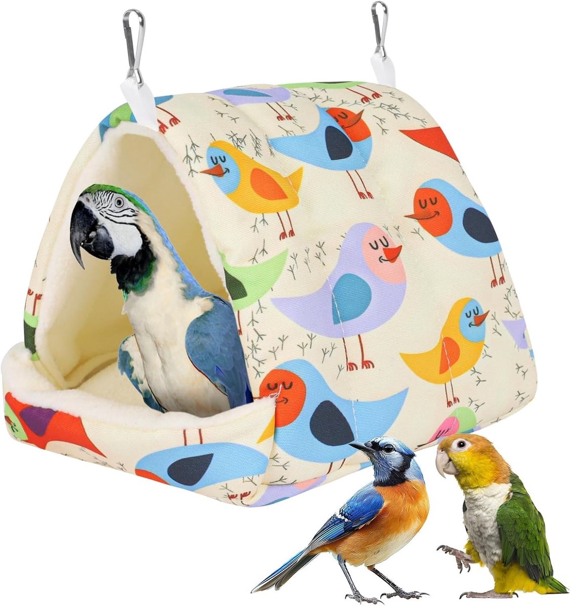 Vogelbed voor kooi, warm winternest hangmat met ophanghaak, kooi-accessoires voor kleine vogels, parkieten, valkparkieten, liefdesvogels, valkparkieten, conures-hamster (Beige, M)