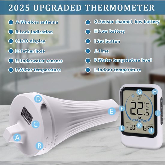 2025 Verbeterde Digitale Draadloze Zwembadthermometer, IPX7, Wifi Drijvende Waterthermometer Met Binnentemperatuur LCD-Monitor voor 80m Bereik, Badthermometer voor IJsbad, Zwembaden, Whirlpools, Spa's — afbeelding 2