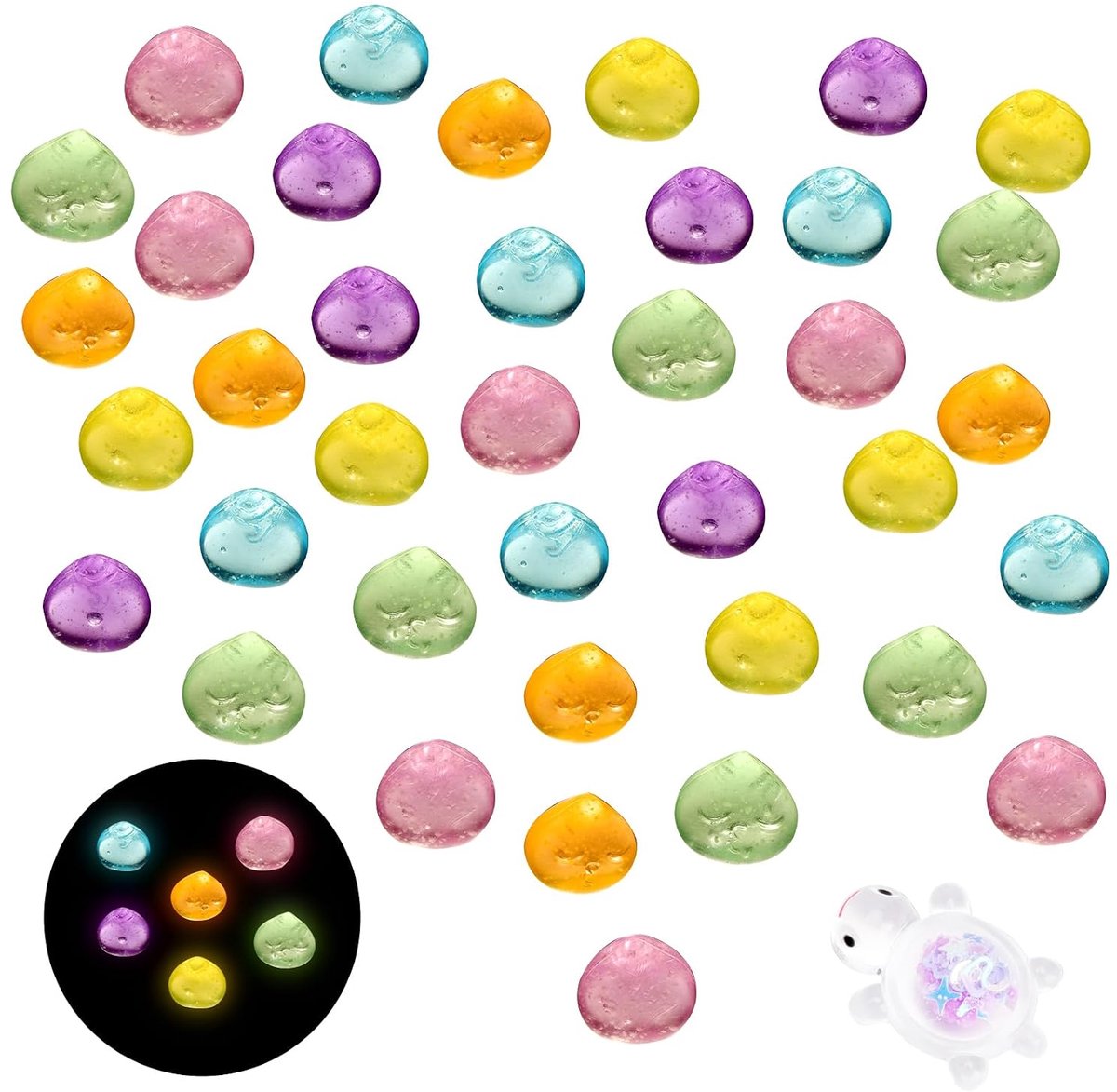 50 stuks lichtstenen, tuindecoratie, met glitter-schildpad, lichtgevende kiezelstenen, set, herbruikbaar, fluorescerende kleurrijke glow in the dark stenen voor aquarium, decoratie, doe-het-zelf