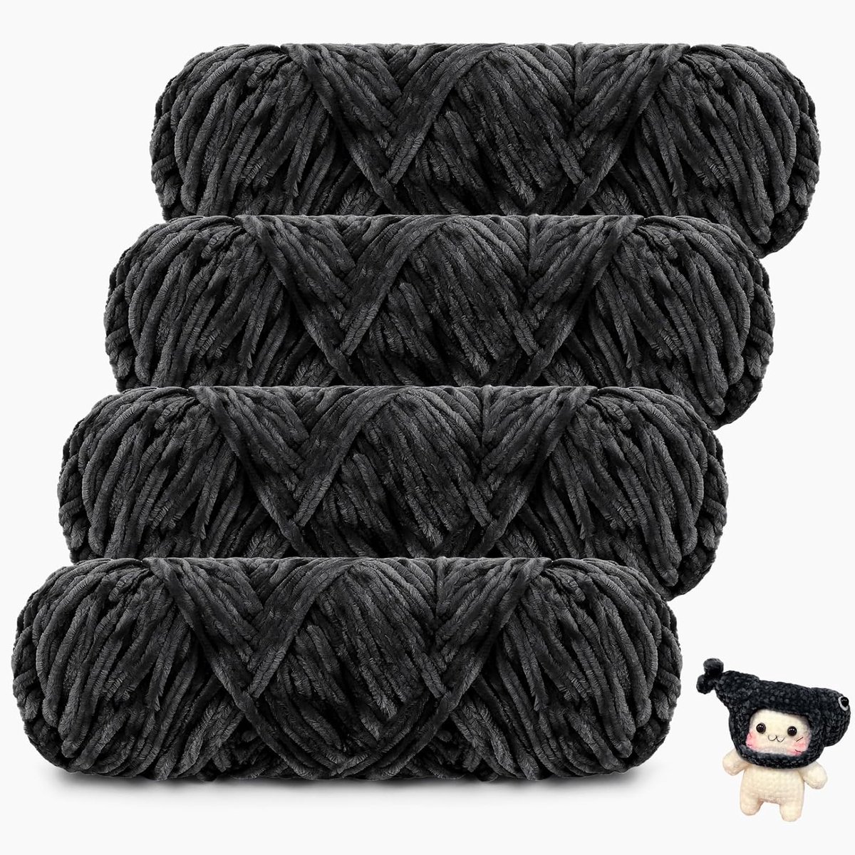 Fluwelen chenillewol om te haken, 400 g, 4 x 100 g, fluwelen chenillegaren, super wollige dikke wol voor breien, zachte fluweelachtige chenillewol voor sjaal, deken, trui, zwart