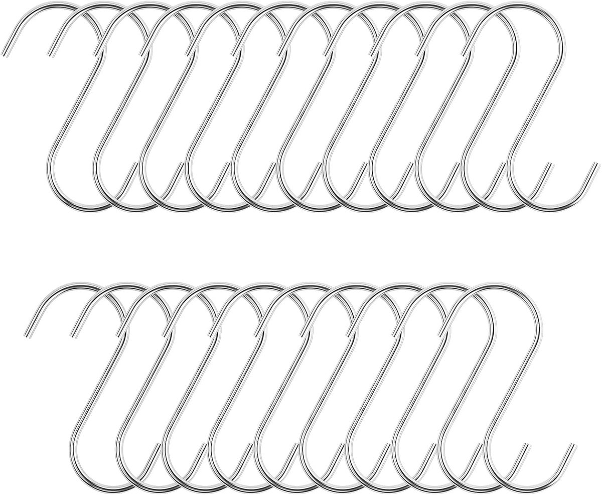 S-haken, 7 cm roestvrijstalen haken, S-vormige metalen haken, voor keuken, badkamer, slaapkamer, kledingkast, kleding, windgong, lantaarns (zilver)