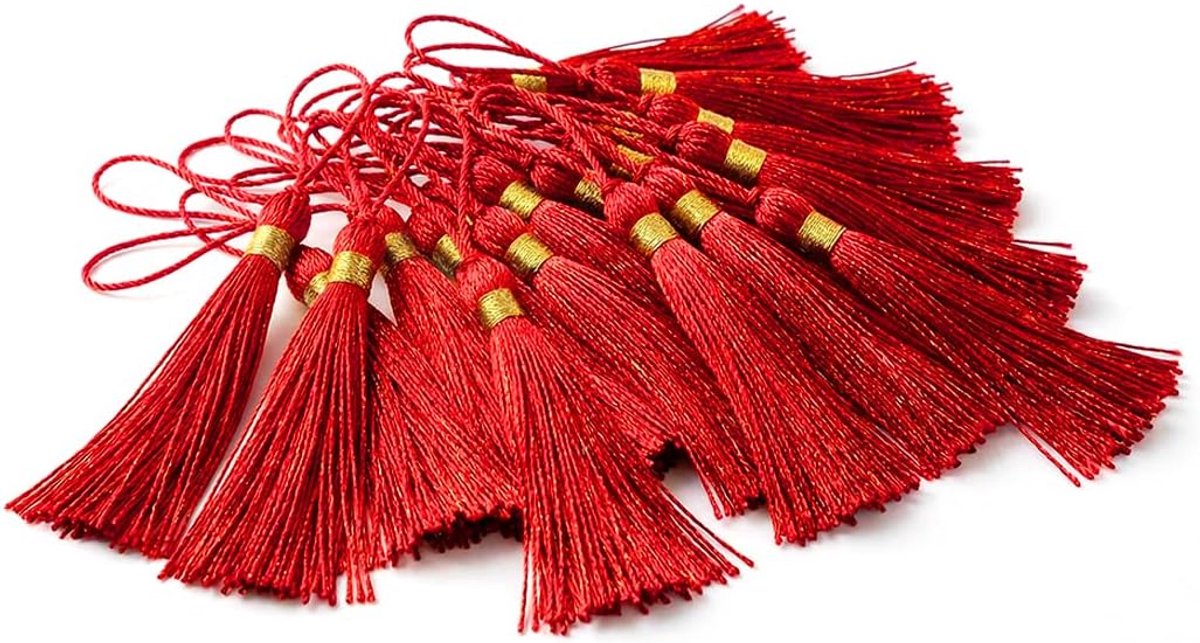 100-delige kwastenset, handgemaakt, rode kwasten met goudkleurige linten, geschikt voor het maken van sieraden, souvenirs, bladwijzers en doe-het-zelf knutselaccessoires.