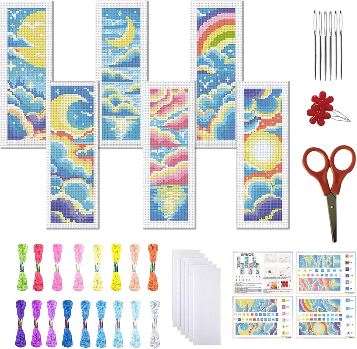 6 Set Kruissteek Bladwijzer Kit Gestempelde Kruissteek Kit Fantasy Wolken Thema Borduurwerk Set met Instructie voor Volwassenen 20 x 6 cm