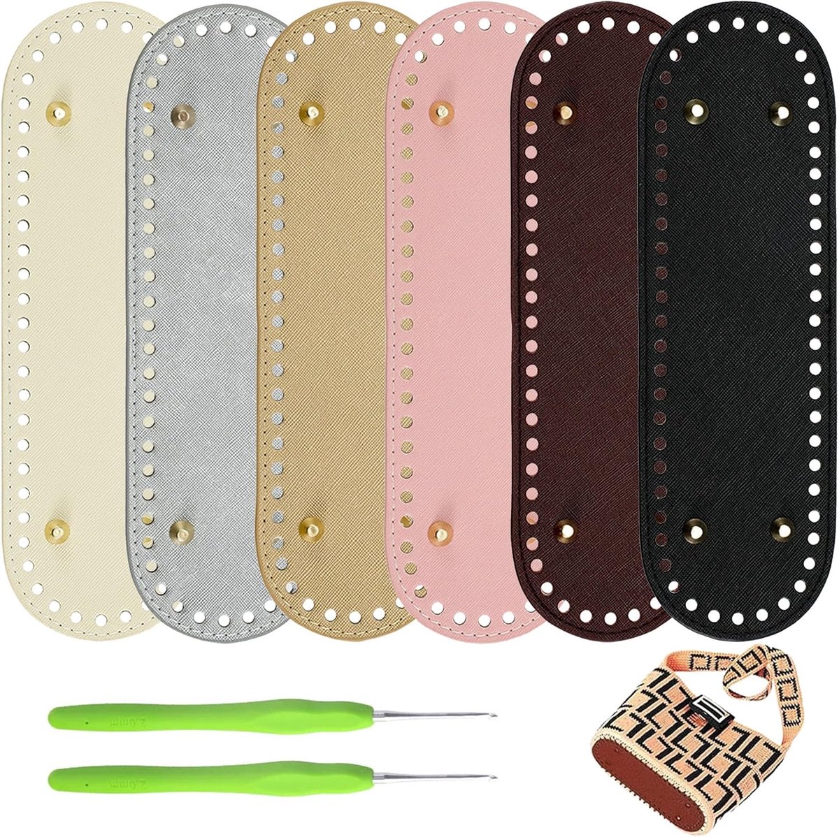 Zakbodem om te haken, 6 kleuren, 26 x 8 cm, PU-zakbodem, haaktas met gaten voor gebreide tas, schoudertas, doe-het-zelf, vlechten, haakaccessoires