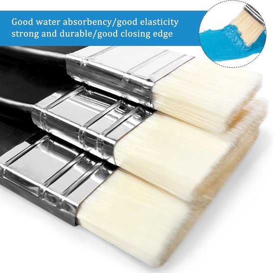 3 stuks platte paddlekwasten, 3 maten, zachte nylon platte kwast, brede houten handgreep, aquarel, acrylverf, platte kwast, peddel voor acrylschilderen, aquarel, gouache, olieverf, lak — afbeelding 2