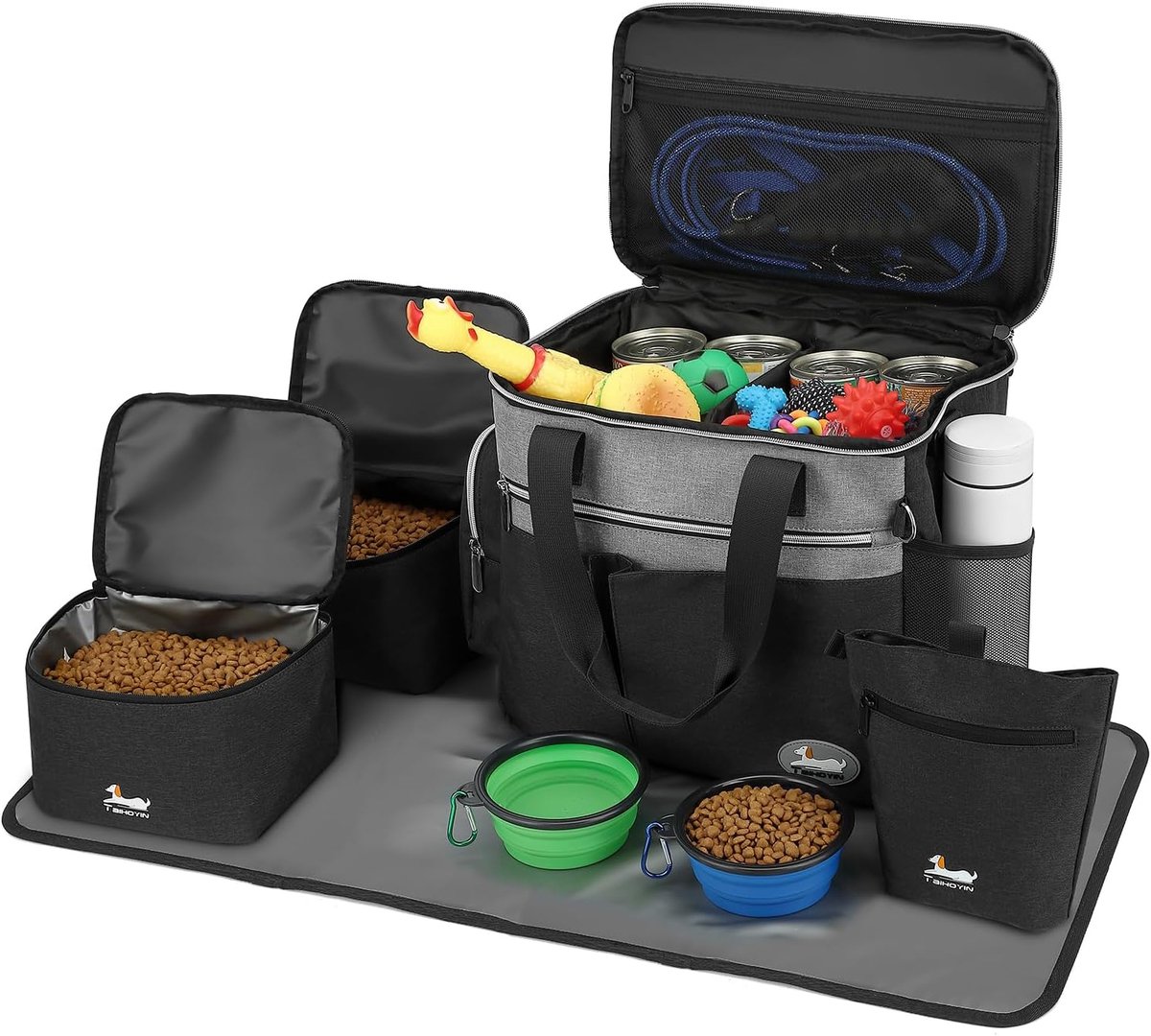 SnelShoppen - Dog Travel Bag - Honden Reis Tas met 2 Voerbakken - Pet Organizer met Multifunctionele Zakjes - Modern Zwart - Ideaal voor Vakantie, Cam