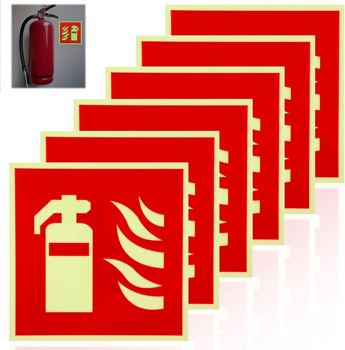 SnelShoppen - Luminous Fire Extinguisher Sign Set - 6 Stuks Zelfklevend 15x15cm - UV Beschermd, Waterdicht, ISO Conform voor Thuis, Kantoor, Bouwplaat