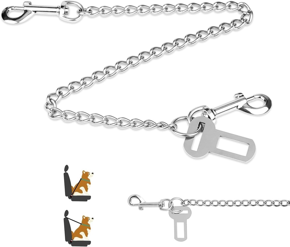Hondenriem beetvaste ketting 65 cm, hondenriem kort voor de achterbank van de auto, veiligheidsgordel hond hondengesp roestvrij staal 304, hondenriem kauwveilig voor kleine en grote honden