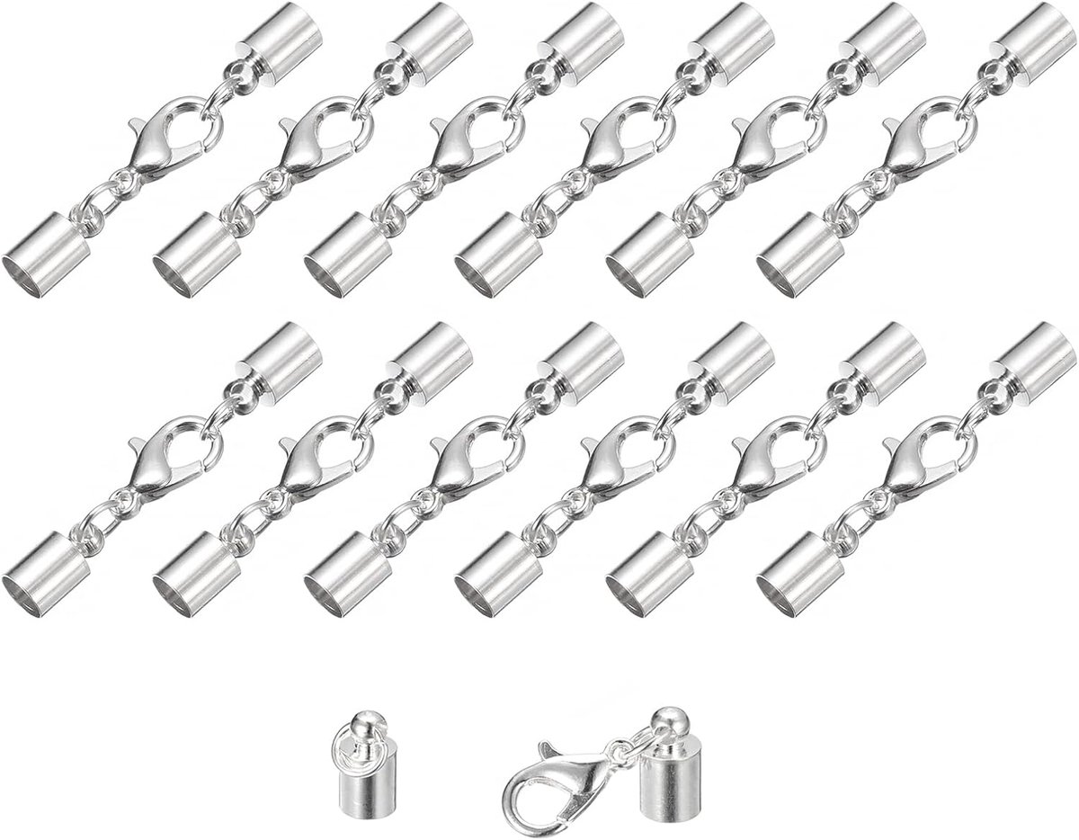 sourcing map 20 stuks 5 mm lederen koord eindkappen met kreeftsluiting klemmen cilinder eindstukken voor doe-het-zelvers maken lederen armbanden zilverkleurig
