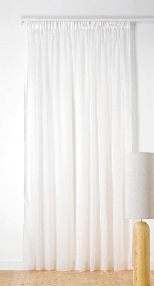 - Gordijn in matte look – afwerking met plooiband – kleur ecru – grote breedte 295 x 260 cm – 100% polyester – collectie Freeze