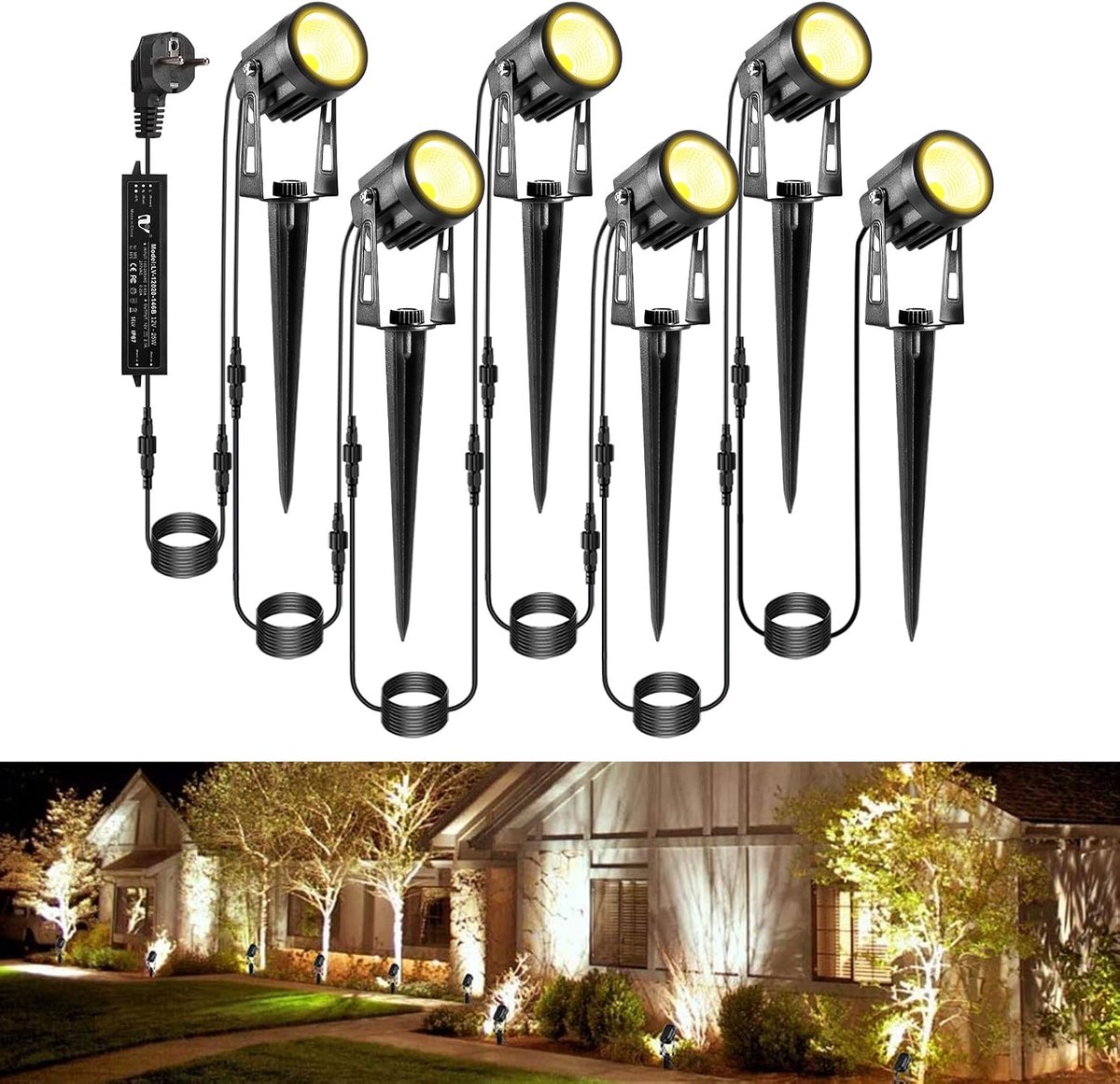 6 Tuinverlichting, Greenclick IP65 waterdichte buitenverlichting, 12V 18W aluminium tuinspot warm wit, 2700 K tuinlamp met stekker, decoratieve wegverlichting, verlichting voor buiten, tuin, gazon