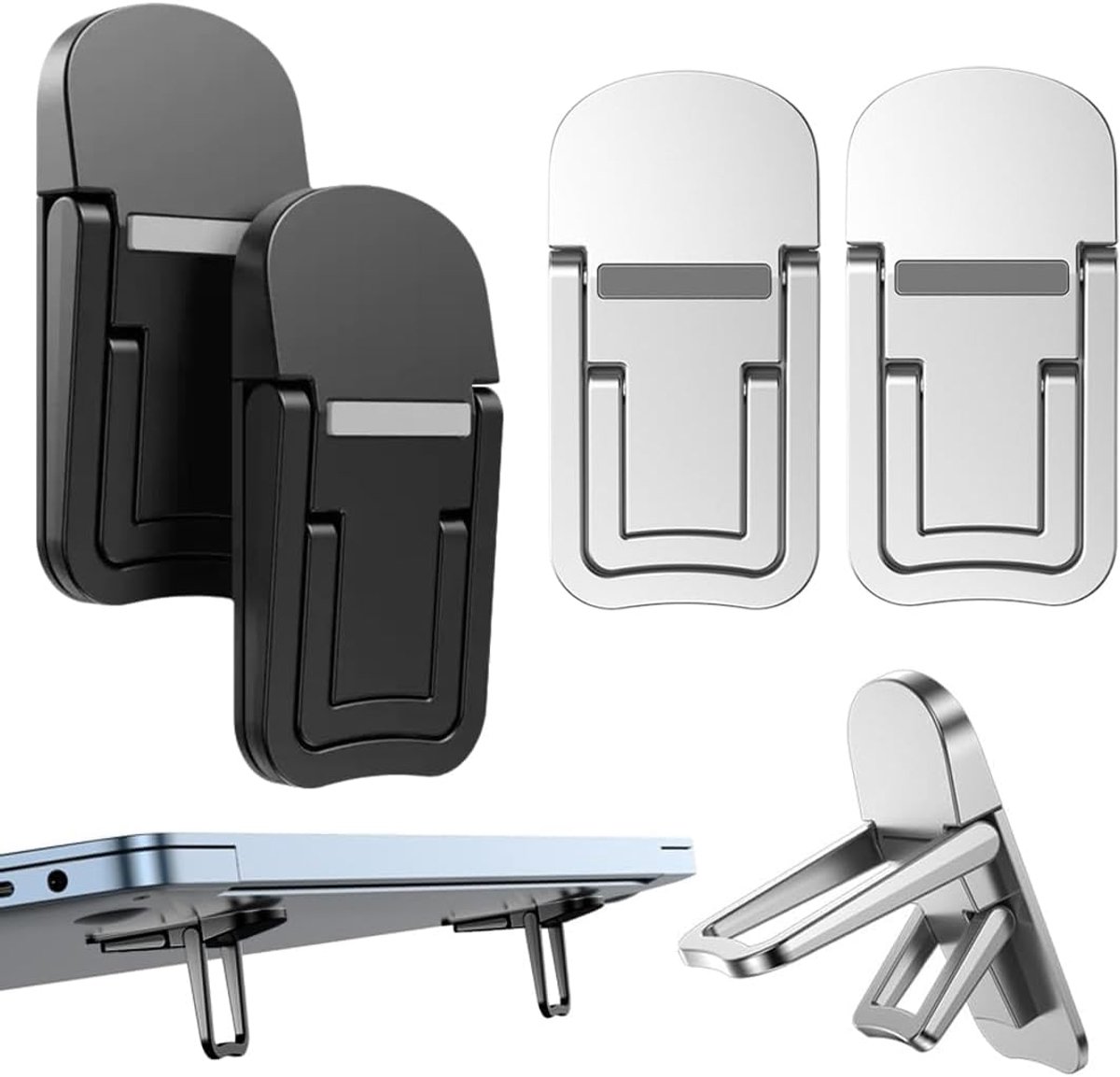 Standaards voor laptop, opvouwbaar, mini onzichtbaar, laptopkoeling, antislip, siliconen, pc-accessoires, laptopverhoging, pc-toetsenbord (zwart, zilver)