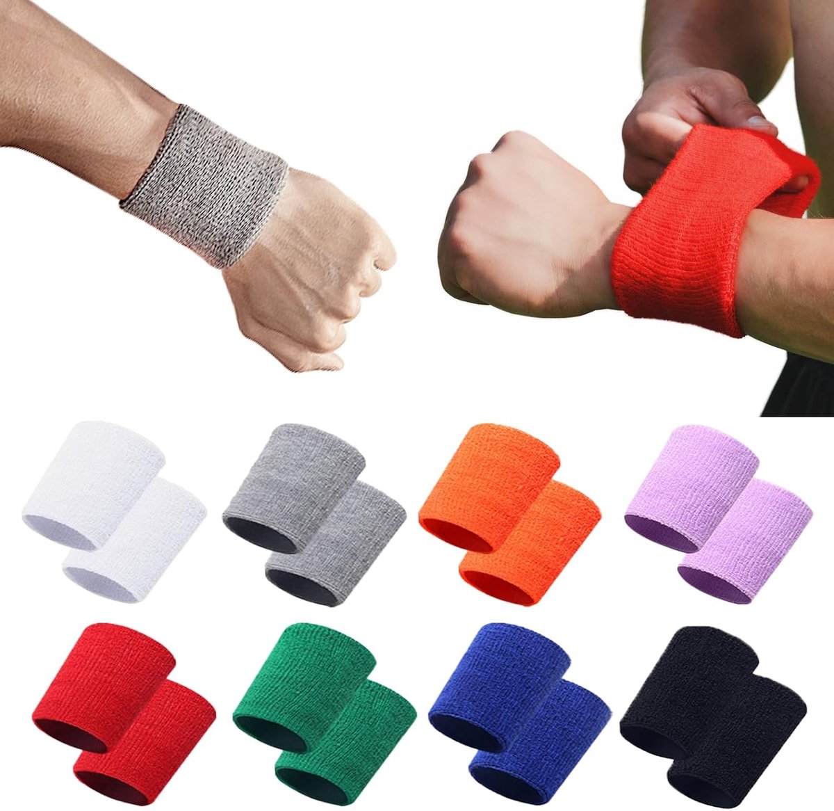 16 stuks zweetbanden voor dames en heren, polsbandjes, zweetbandjes, absorberend voor sportschool, sport, tennis, hardlopen, elastische katoenen sportpolsbandjes, herbruikbare zweetbanden,