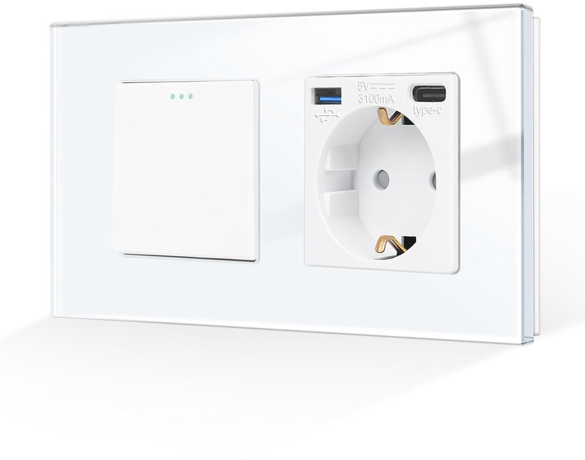 Lichtschakelaar met stopcontact, glazen Schuko-stopcontact, inbouw, met USB-aansluiting (type C en type A 3,1 ampère, totaal), tuimellichtschakelaar, witte knopschakelaar, 2-voudig,