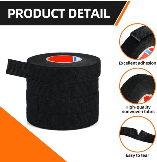 4 stuks textieltape zwart, 19mm x 15m, zelfklevende textieltape voor stof, zelfklevend textielband, stof tape, Ideaal voor het veilig isoleren en bundelen van draden.. — afbeelding 2
