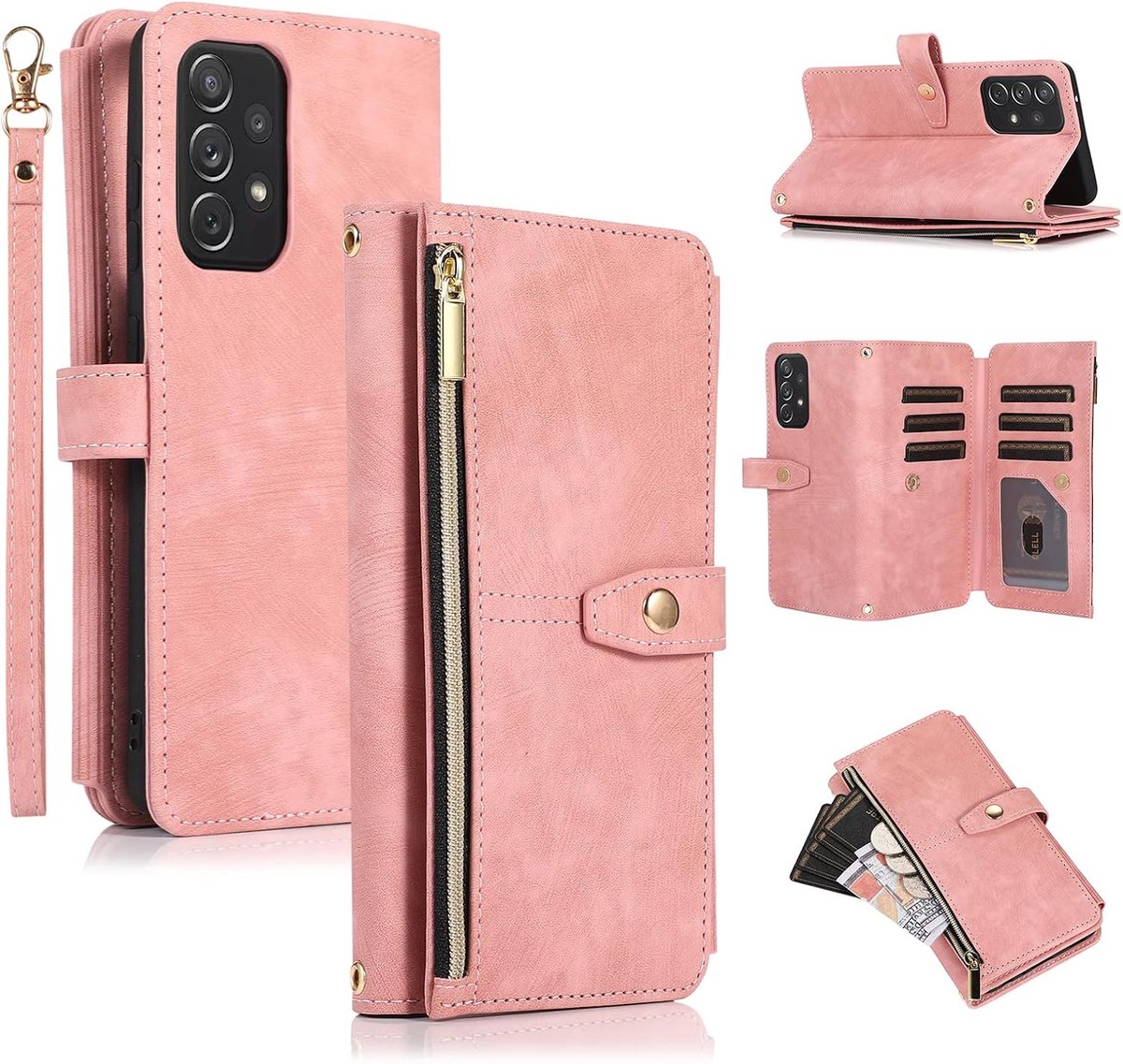 Hoes voor Samsung Galaxy A52 4G/5G A52S 5G, 9kaartvakken, retro, lederen portemonnee, schokbestendig, flipcase met handlus, standfunctie, ritssluiting, telefoonhoes met magneetsluiting, portefeuille - Retro roze