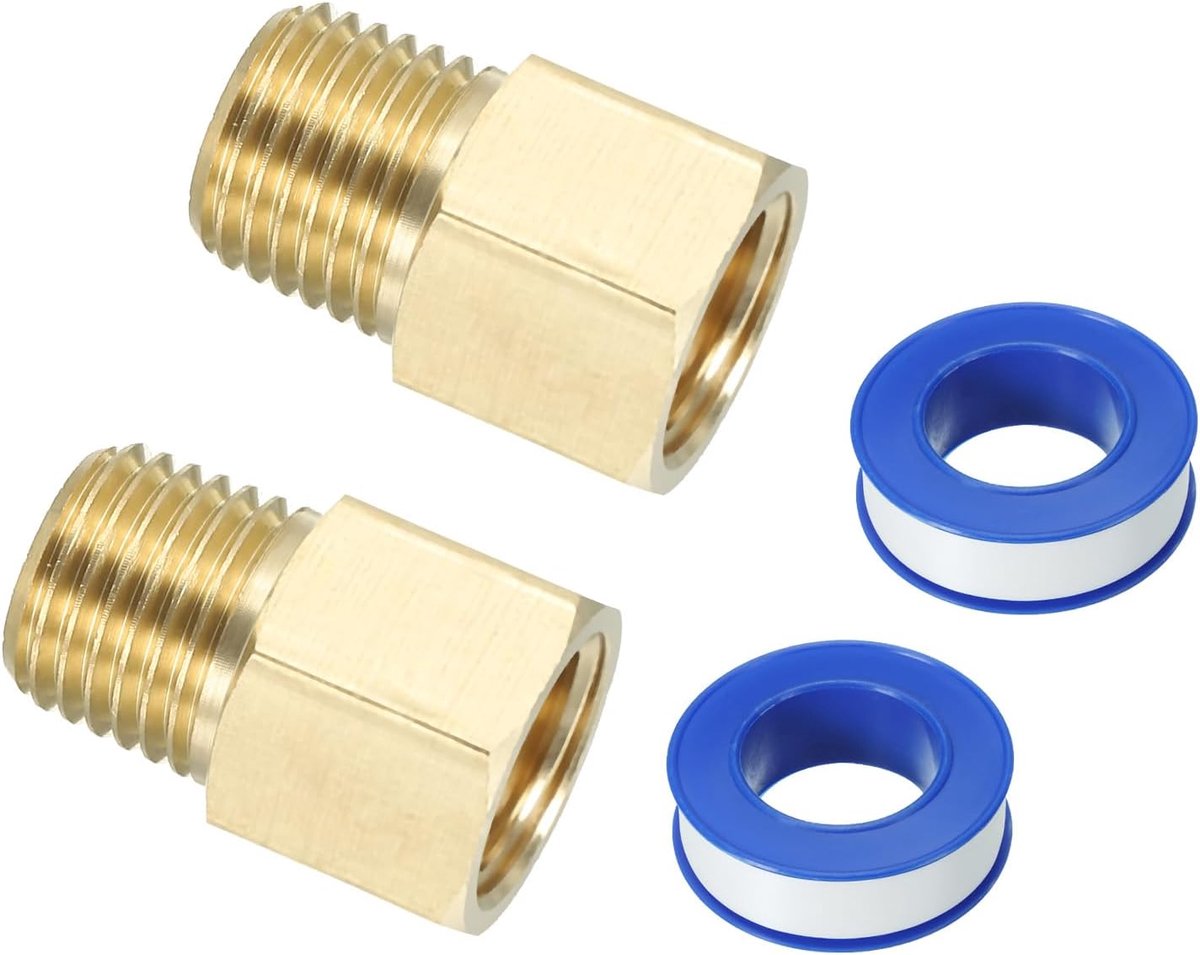2 Set Messing Pijpfitting Hex Bus met Afdichtingstape, 1/4 "NPT Mannelijk naar 1/4" NPT Vrouwelijke Reducer Adapter Pijp Verlengfittingen voor Tub Uitloop Douche, Gouden