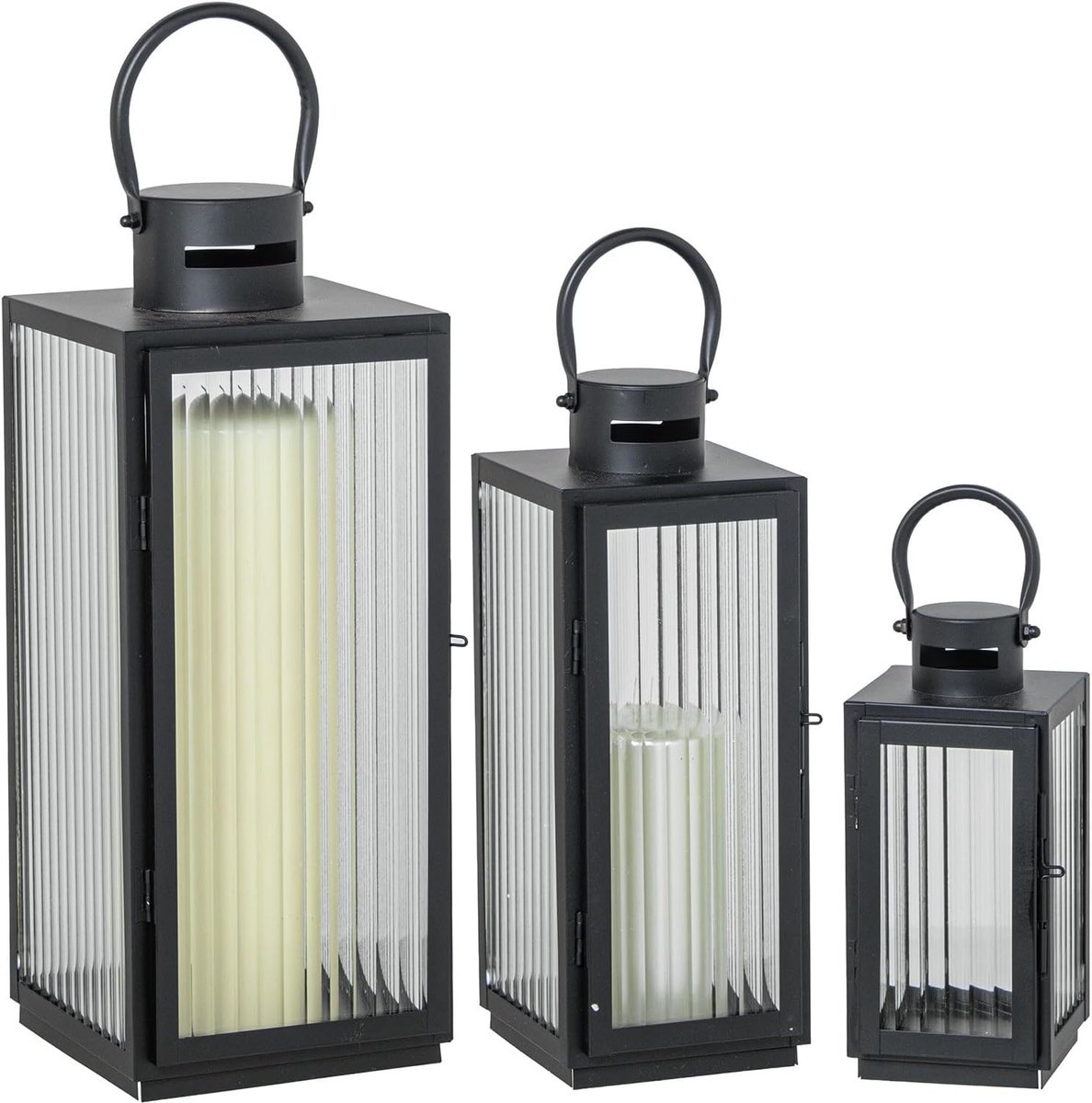 Set van 3 metalen lantaarns voor vloer of tafel, zwart, 11 x 10 x 22 + 13 x 12 x 32 + 17 x 16 x 40 cm