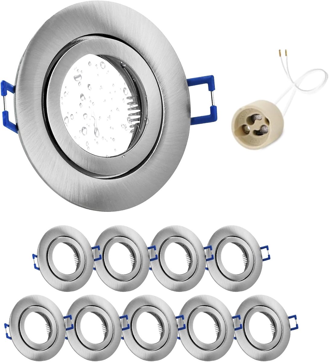 10 x Led-inbouwspot IP44 inclusief GU10 houder, draaibaar LED-spot, ijzer, geborsteld nikkel, badkamer inbouwrames, rond vlak, inbouwspots, gatmaat 68 mm voor buiten - binnengebieden