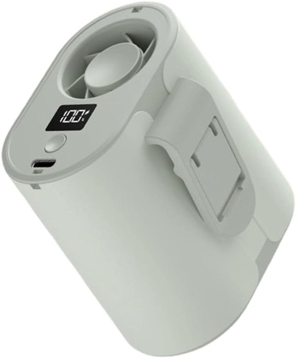 Oplaadbare, draagbare ventilator met riemclip, instelbaar in 100 snelheden en voorzien van een led-display dat het batterijpercentage weergeeft; geschikt voor vier gebruiksmodi (in de hand, om de nek, op tafel of aan de riem) – Avocado-groen.