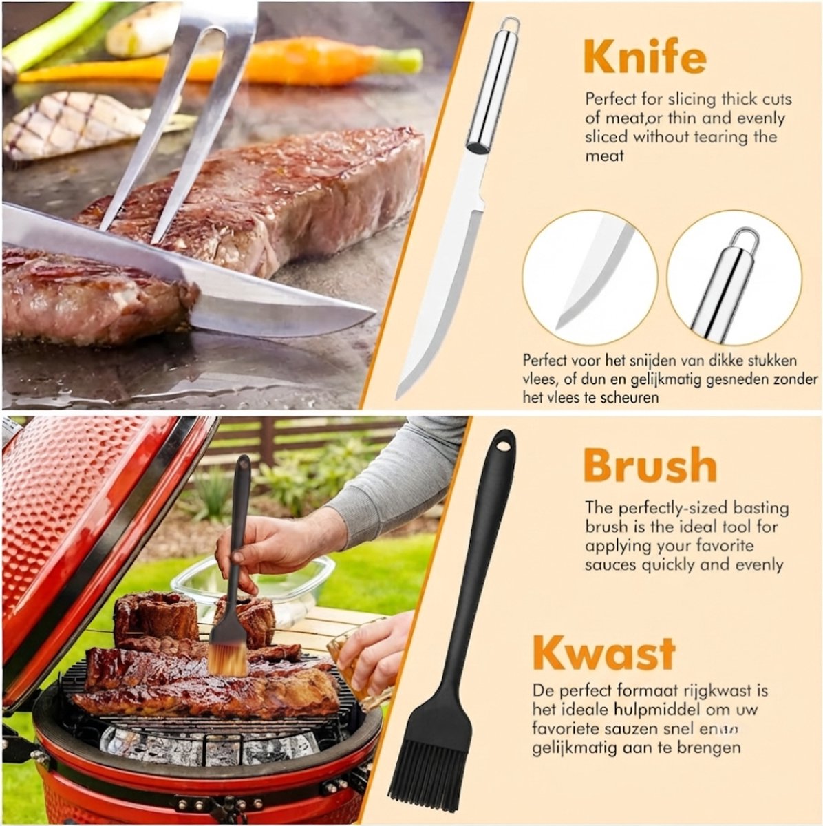 Lìon® BBQ Accesoires ( set ) - Professionele Grill Gereedschapsset - 15-delige RVS BBQ Gereedschapsset met Opbergtas - Zilver - 13cm x 5cm x 39cm