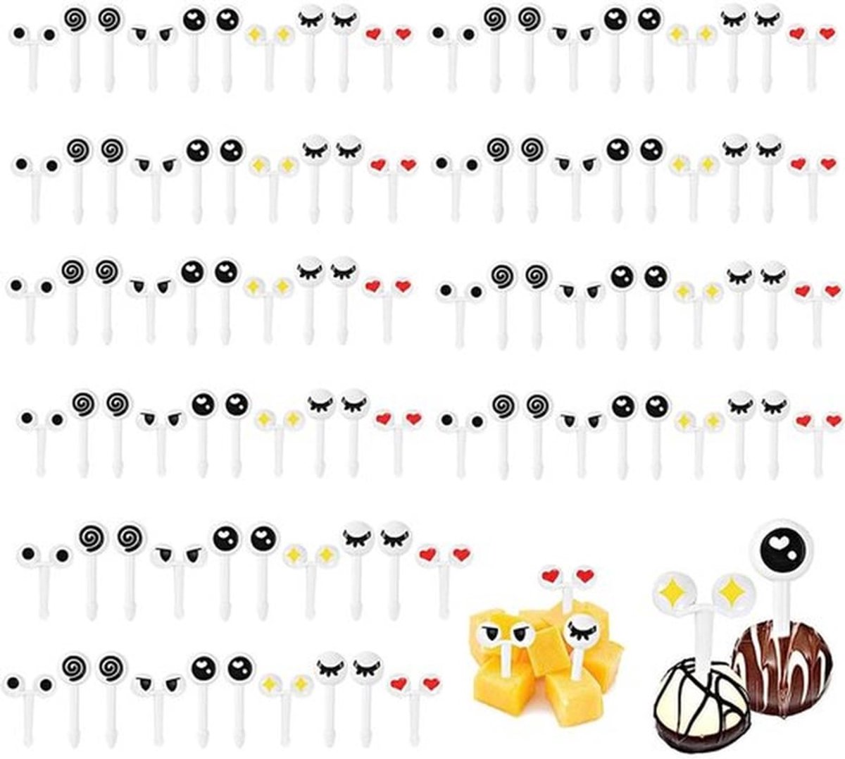 Voedsel Picks 100 Stuks - Cartoon Ogen - Herbruikbare Tandenstoker - Fruit Vork - Kids Party - Decoratie Vork - Fruitvork