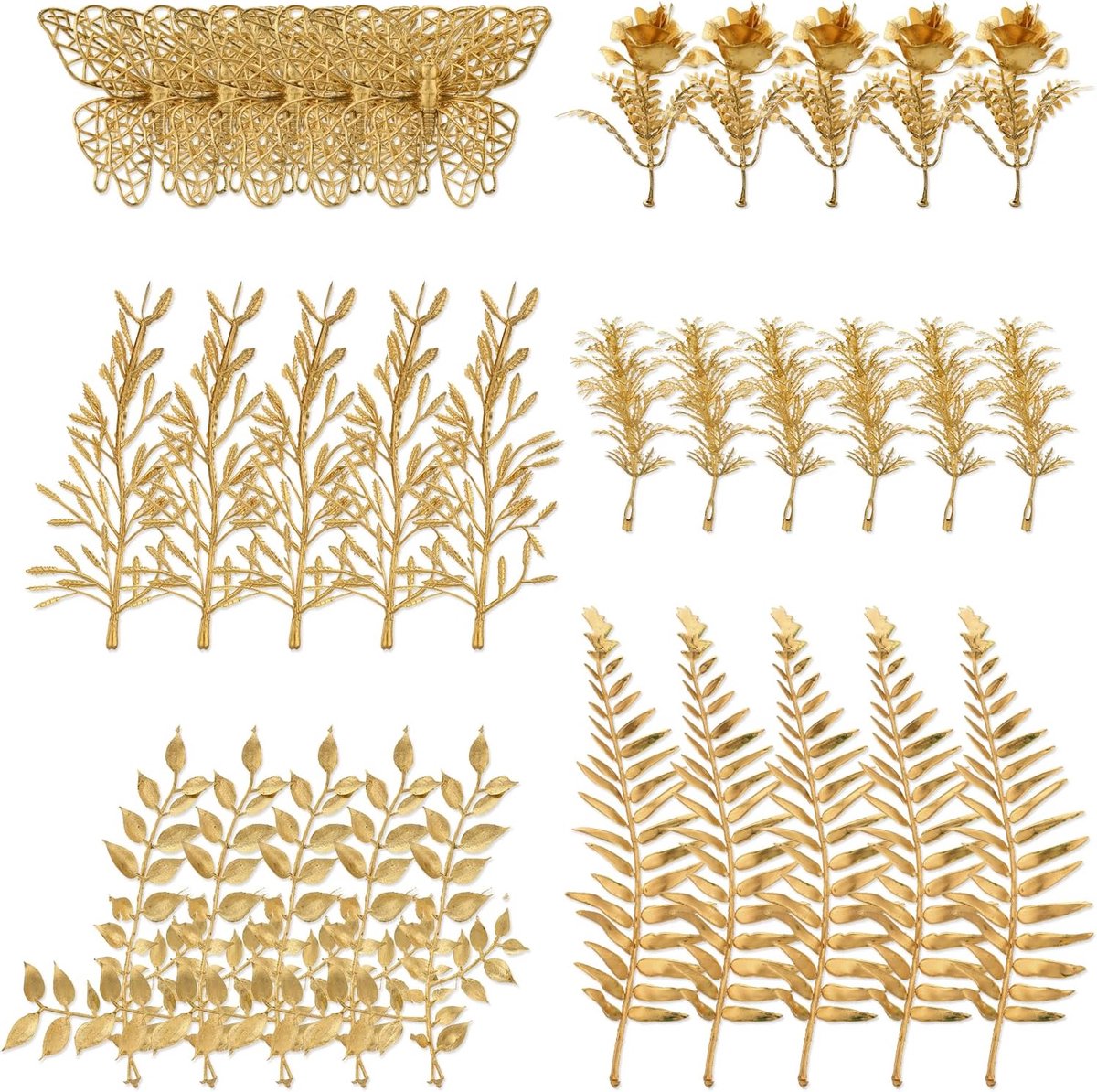 KZQ 30 kunstmatige miniatuur gouden blaadjes - Eucalyptusblaadjes - Decoraties - Kleine vlinders - Rozen met één bloemhoofd - Rijstkorrelvormige plantjes - Varens - Geschikt voor bruiloften, feesten, enz. - Plastic materiaal - Goud