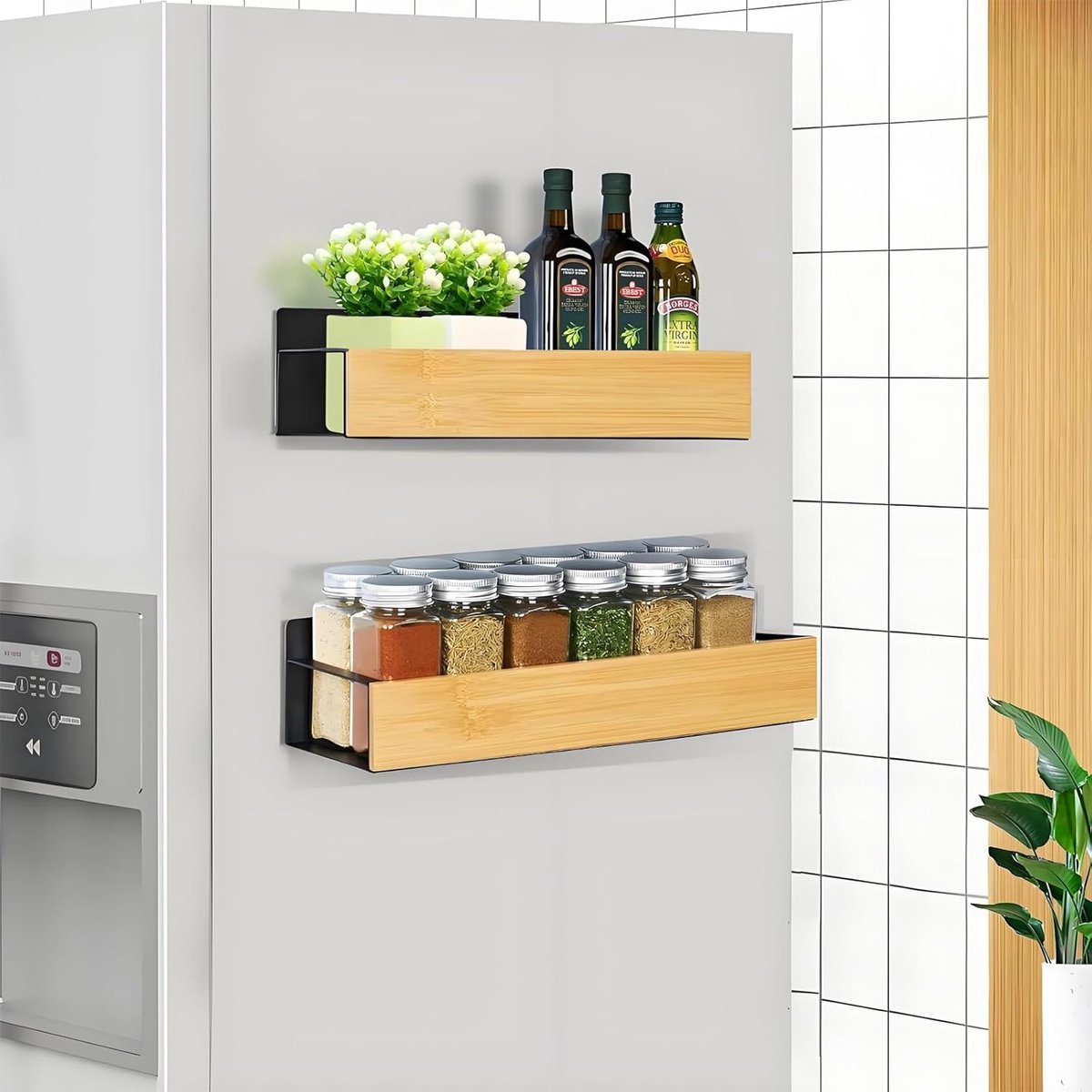 KZQ Magnetisch Kruidenrek voor Koelkast Wit - 2 Stuks Magnetisch Rek Hout - Koelkast Magneet Plank Bamboe Magnetic Spice Rack Magnetic Shelf voor Keuken Opslag en Organisatie - Zwart
