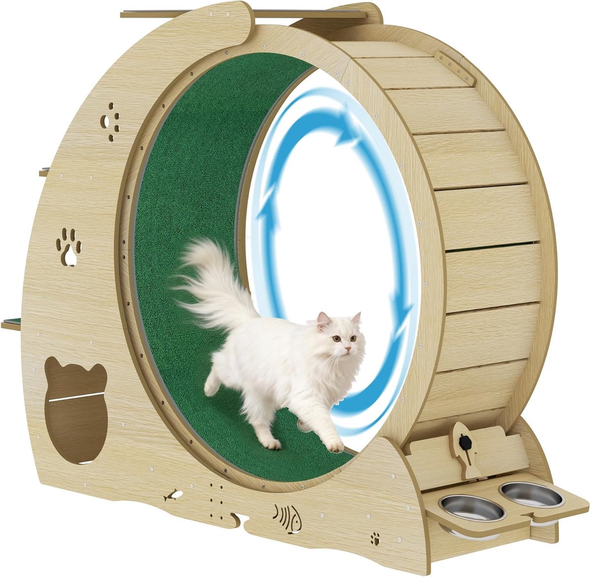 Loopwiel voor katten - 5-in-1 stil loopwiel voor katten - Krabplank - Speelrol - Voerbak - Stil loopwiel voor katten - Groot loopwiel voor katten van massief hout - Houtkleur