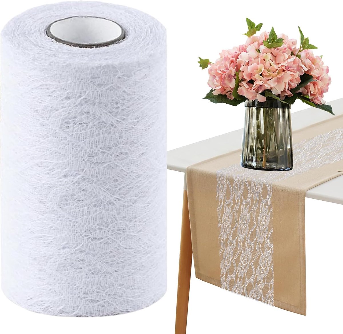 Tafelloper kant wit 15cm x 22m - tafelband van kant, afwasbaar | Tafelloper van polyester, rafelt niet, is vormvast, zacht en scheurvast, flexibel op maat te snijden en veelzijdig