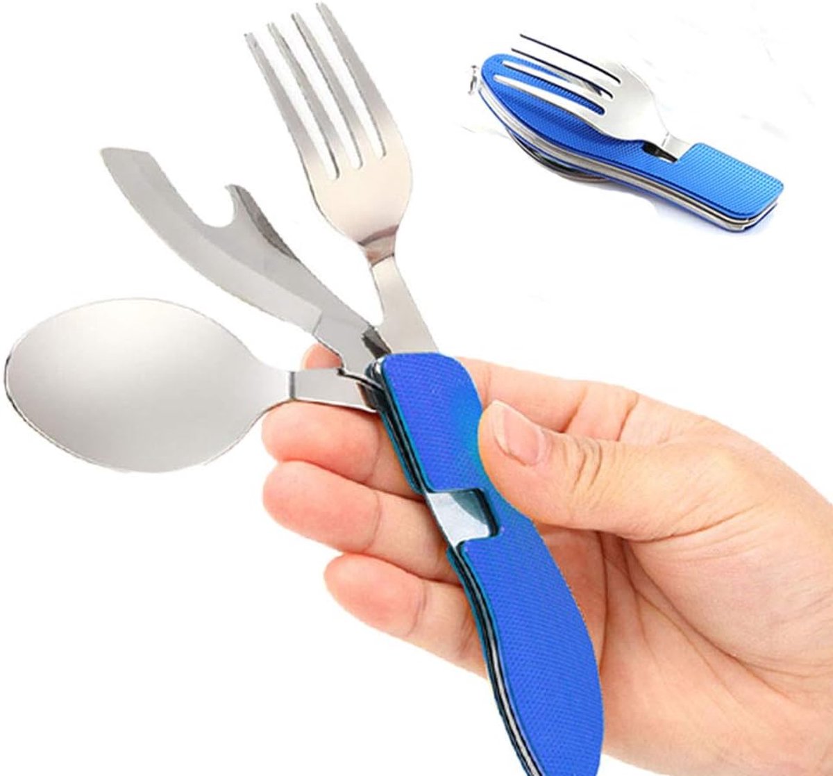 Bestekset, campinguitrusting, vork, lepels, messen, flesopener, set, reizen, survival, opvouwbaar en afneembaar, blauw