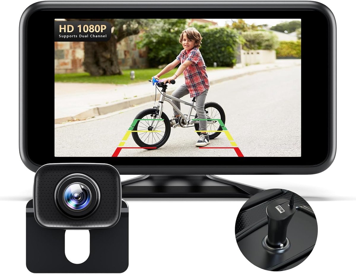 achteruitrijcamera 1080P: met 4,8 inch monitor, 2 kanalen, HD-nachtzicht, gestabiliseerd signaal, eenvoudig te installeren voor bestelwagen
