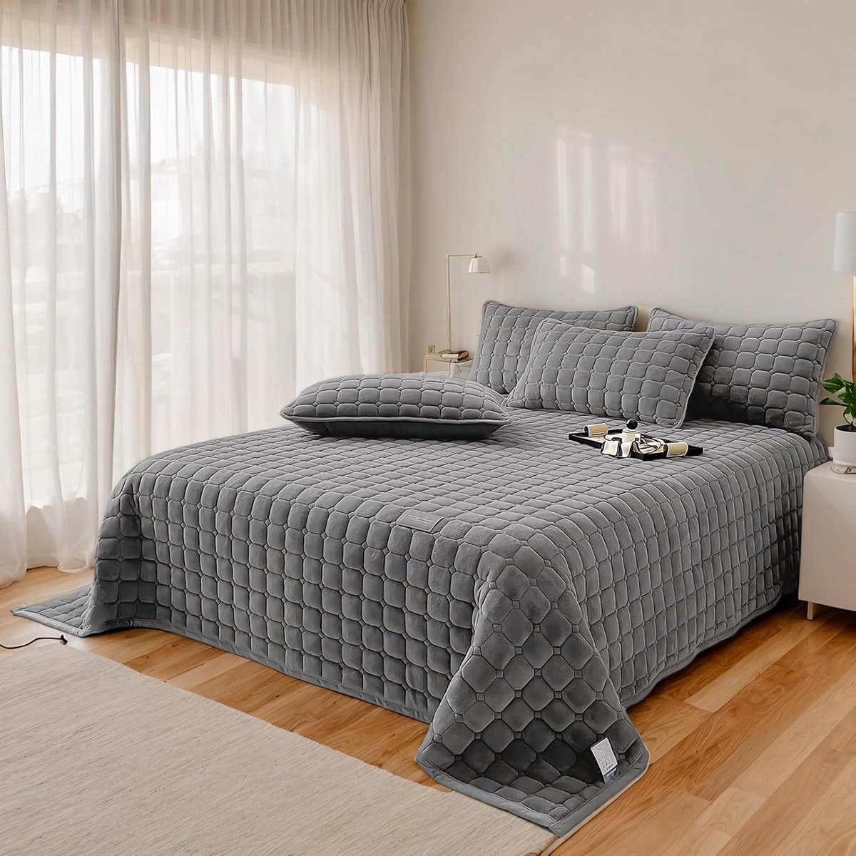 Luxe fluwelen beddengoedset, bedsprei of banksprei, met 2 bijpassende kussenslopen, voor alle seizoenen (donkergrijs, 230 x 250 cm)