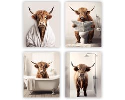 heilkee Grappige Highland Koe Badkamer Decor Dier Badkamer Wall Art Bruin Vee in Bad Foto Rustieke Boerderijstijl Posters Prints Koe in Toilet Decoraties Set van 4 (Niet ingelijst 20,3 x 25,4 cm)