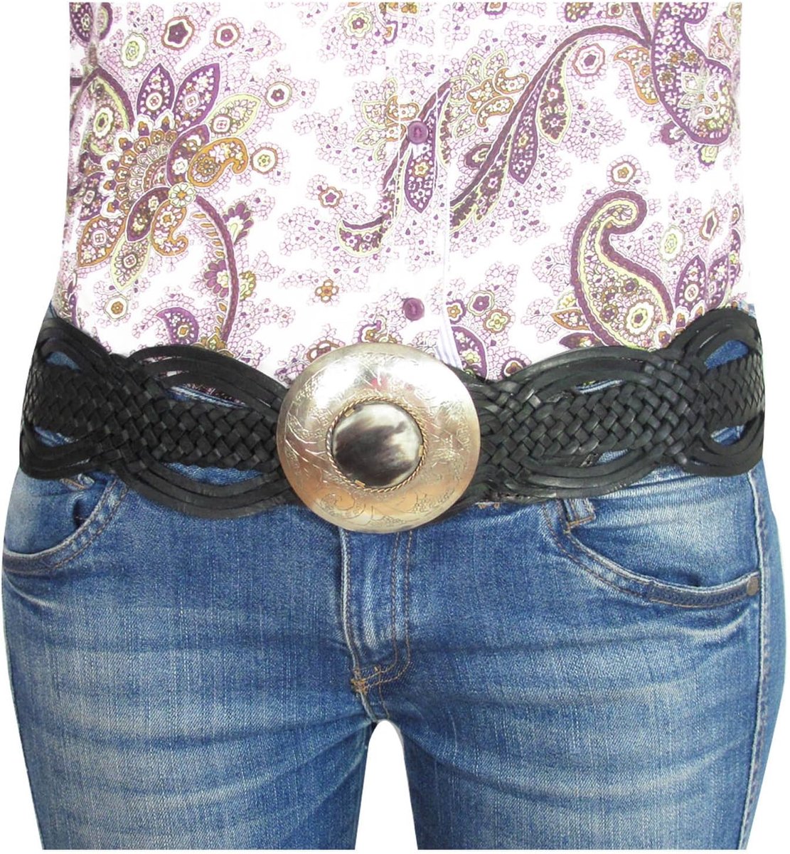 Lederen riem geweven rundleer handgevlochten haakgesp van nieuwzilver met natuurlijke hoorn handgevlochten heupriem tailleriem damesriem oosterse brede dames lederen riem boho vintage