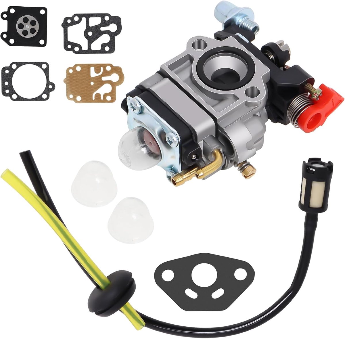 compatibel met Walbro type WYJ 26cc-33cc bosmaaier en grasmaaier met primaire pomp, afstandhouderset, brandstofslang cilinderinhoud Poweka | Vervangende carburateur met primerpomp, afstandhouders en brandstofslangen voor bosmaaiers en grasmaaiers