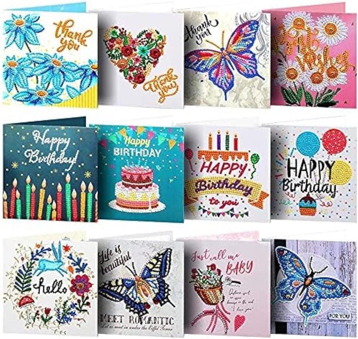 Brithday-kaarten, 12 stuks 5D doe-het-zelf diamantschilderij-wenskaart, speciaal gevormde kerstkaart, diamantborduren, kristallen, strasssteentjes, diamantschilderij, knutselen