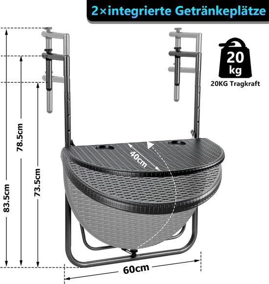 Balkonhangtafel, inklapbaar, balkontafel om op te hangen, balkonhangtafel, 3-voudig in hoogte verstelbaar, inklapbare tafel, b x d: 62 x 40 cm, voor balkon, leuningen, zwart, rotan-look — afbeelding 2