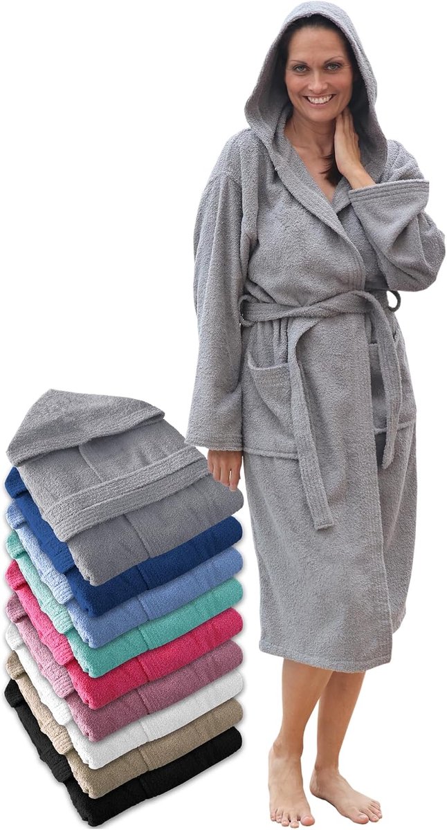 Damesbadjas met capuchon 100% katoen - Unisex badjas van badstof 450 g/m², met ceintuur en zakken, ideaal na douche, bad of zwembad