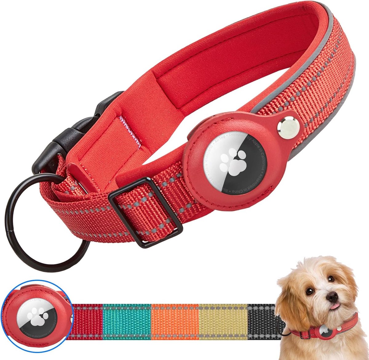 Hondenhalsband voor Apple AirTag, verstelbaar, reflecterend, waterdicht, AirTag-halsband, gewatteerd, tactische hondenhalsband met AirTag-houder voor kleine, middelgrote en grote honden (M