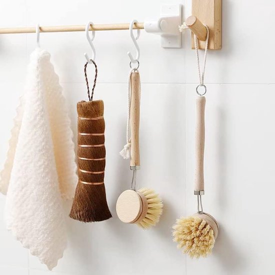 keukenreinigingsset - 4 stuks: lange houten schrobborstel, ronde bamboeborstel, zeepschaal, loofah-doeken - palmschrobben, natuurlijke borstelharen voor gietijzeren pannen en potten — afbeelding 5