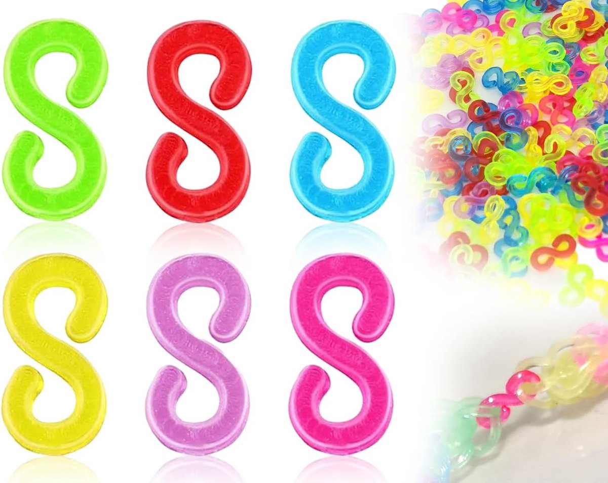 500 stuks S-clips, kleurrijk, loom-banden, accessoires, sluitclips, plastic elastiekclips, doe-het-zelf rubberen band, sieraden, accessoires voor armbanden, haaknaalden