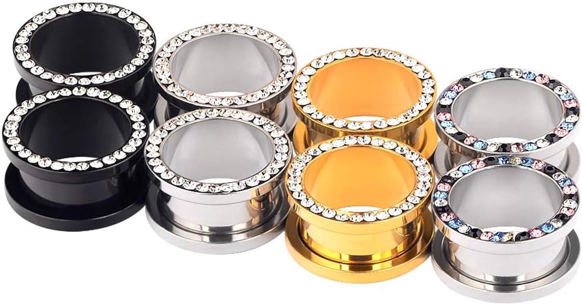 Tunnels, 8 stuks roestvrij staal, schroefsluiting met edelstenen, piercing, sieraden, 6 mm - 16 mm, Roestvrij staal, Kubieke zirkonia