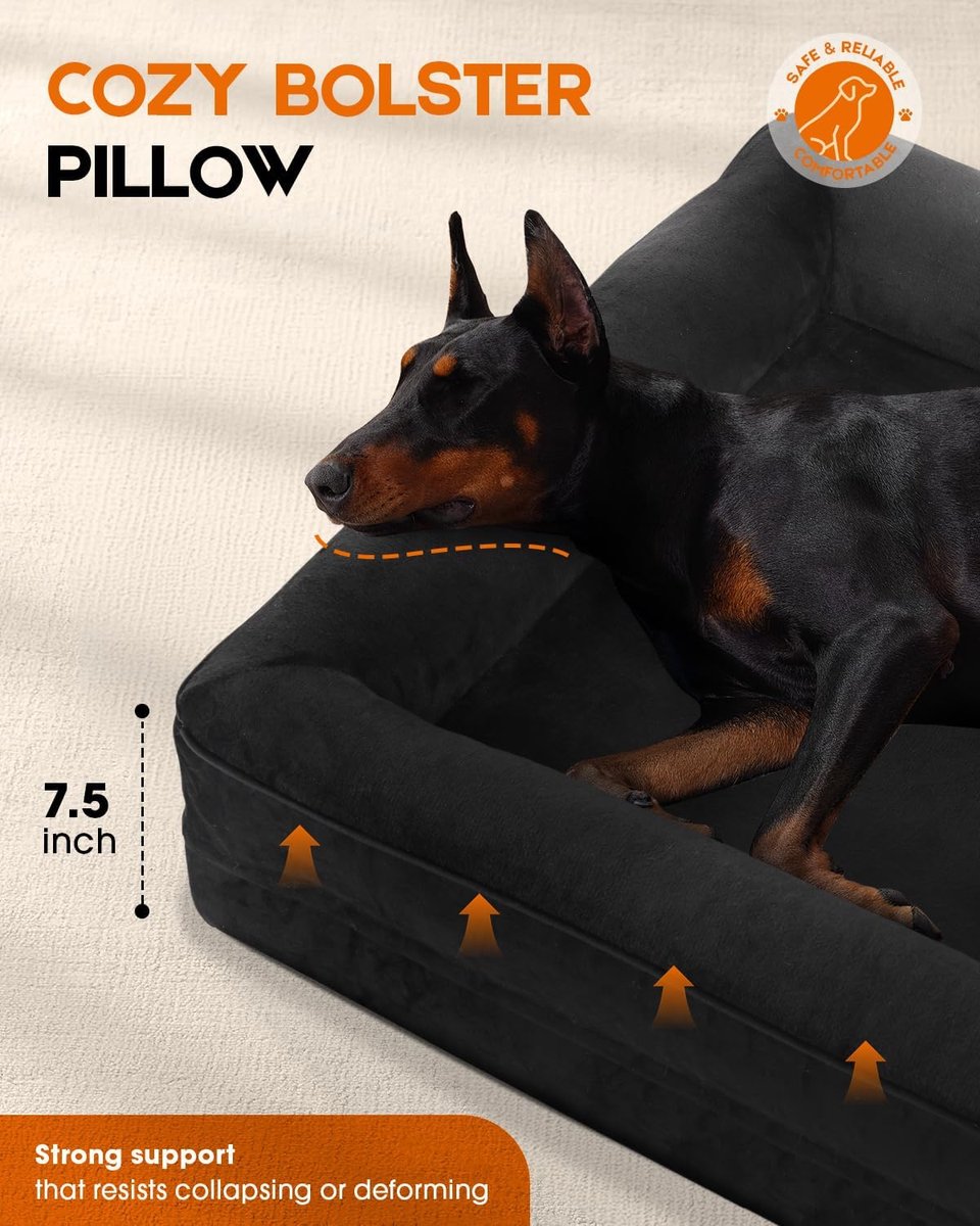 Orthopedisch hondenbed XL, hondenmand wasbaar met eivormig kustschuim, waterdichte hondenbank met antislip onderkant en vierzijdig kussen (zwart, 117 x 76 x 19 cm)
